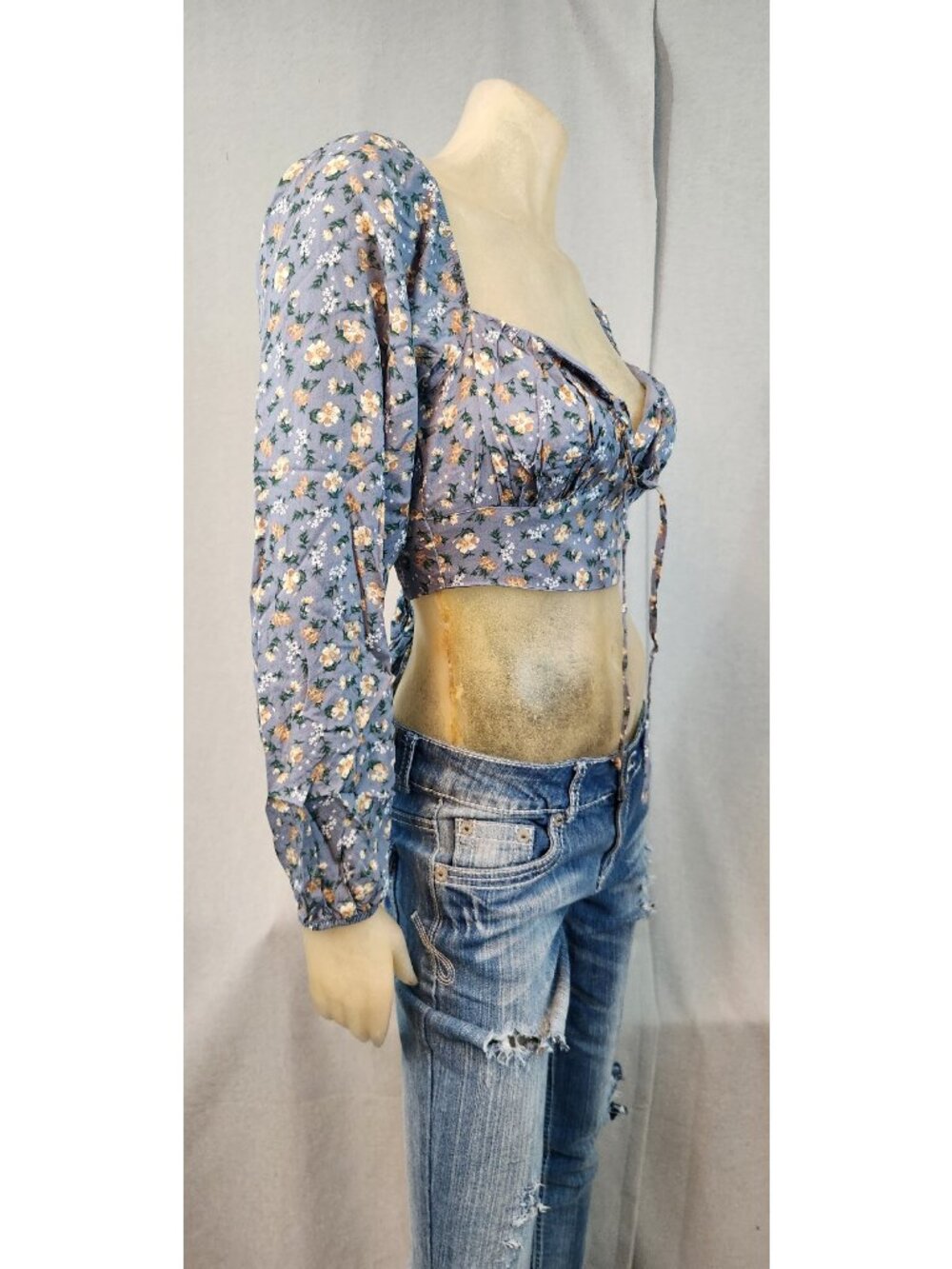 Altar'D State Blue Floral Long Slv Cropped Top Shirt Blouse XS XSMALL Womens NEW - Picture 4 of 8